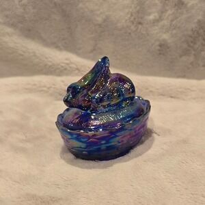 McKee SUMMIT Cobalt Blue Carnival Glass Bunny Rabbit On Nest SALT Cellar Dip